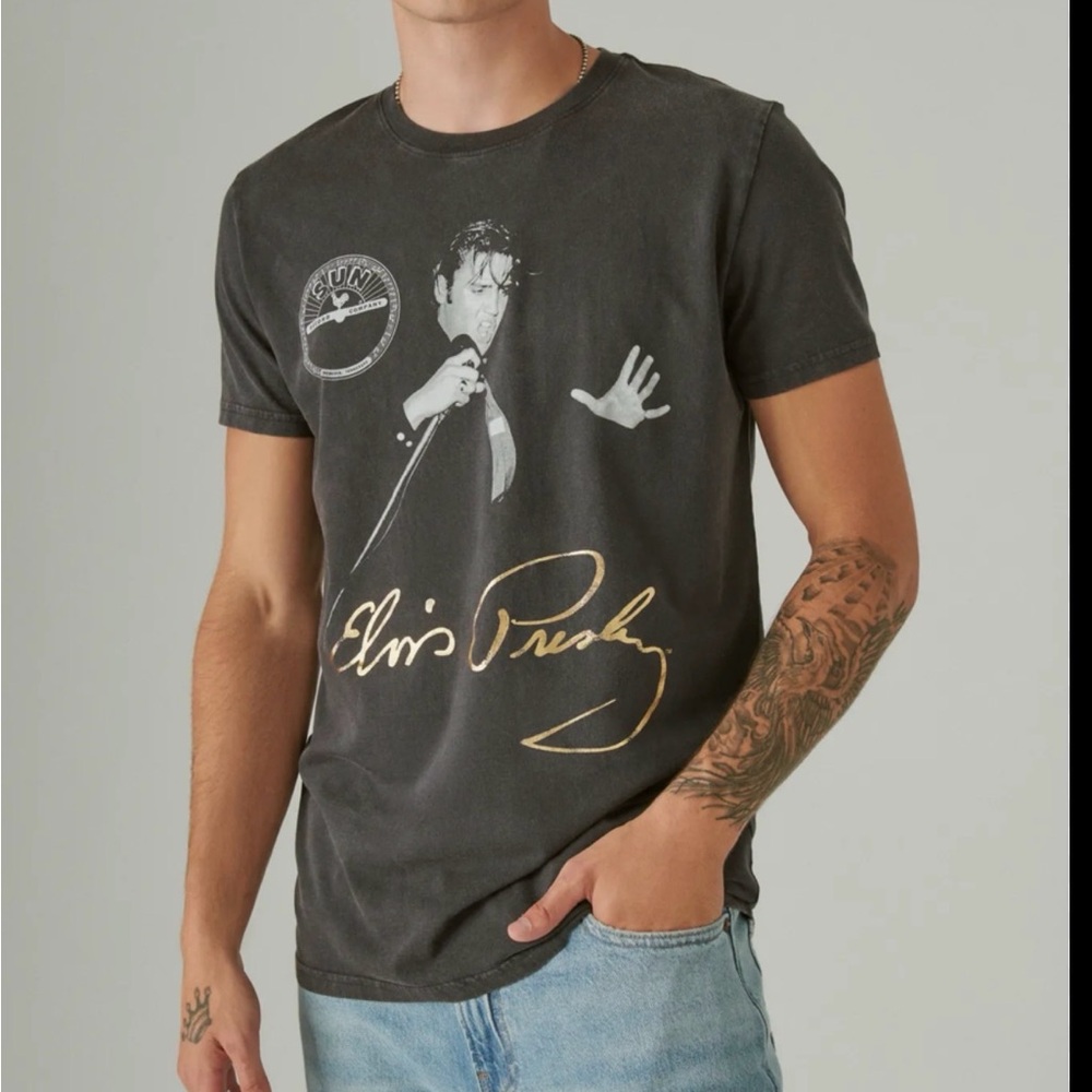 Lucky Brand Men's T-Shirt Elvis Presley Sun Record Co. Gold Signature Gray M